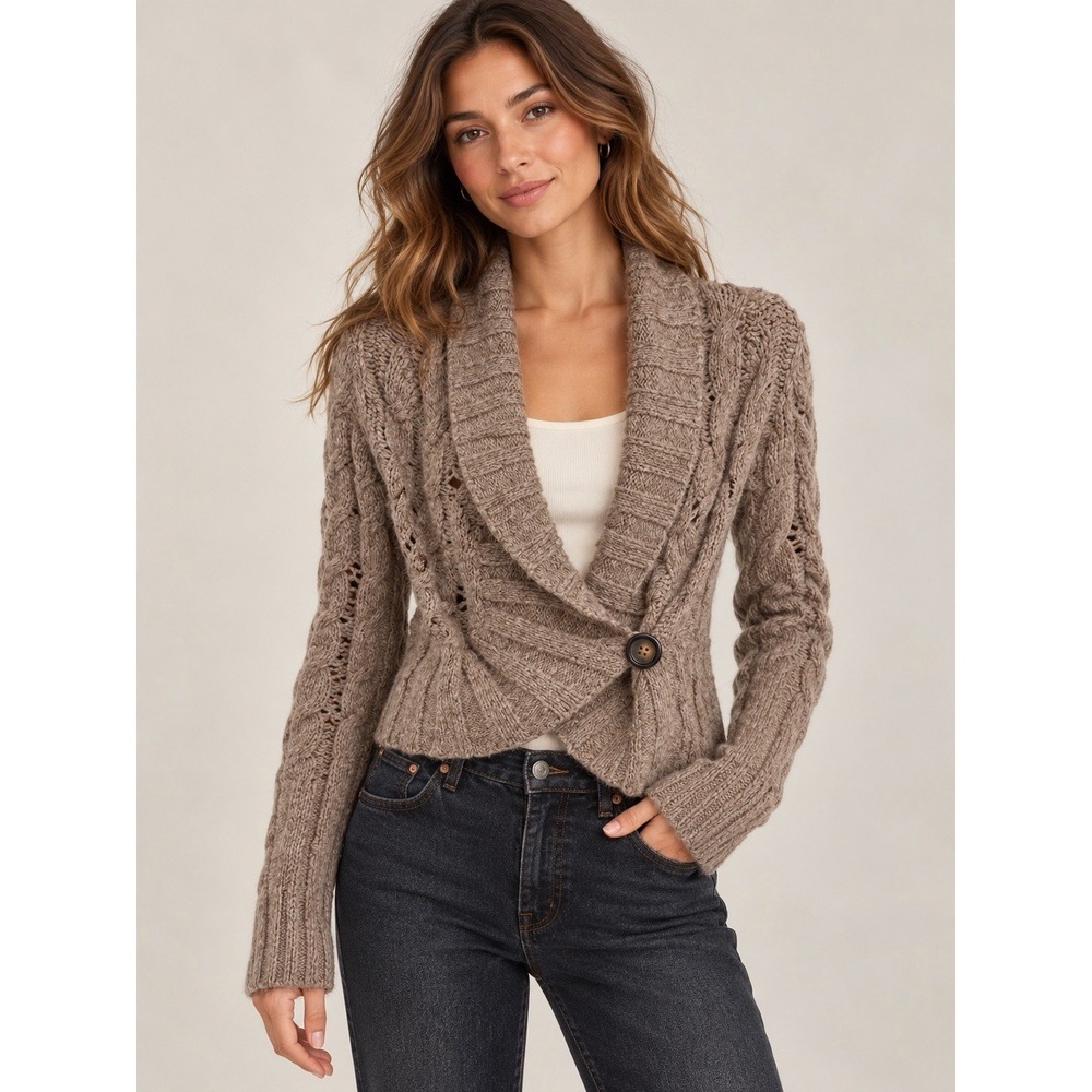 Free People XS Taupe Cable Knit Cardigan Wool Blend Shawl Collar Button Sweater